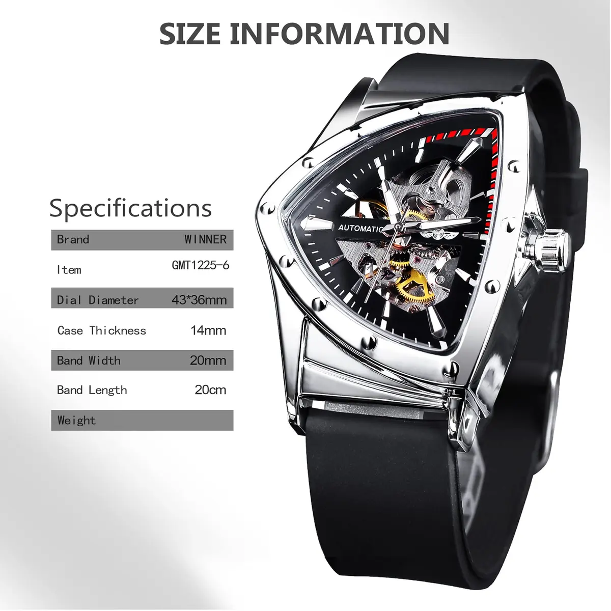 FORSINING Skeleton Watch for Men, Automatic Mechanical, Triangle Dial, 43mm Diameter, 20mm Wide Silicone Strap - view 3