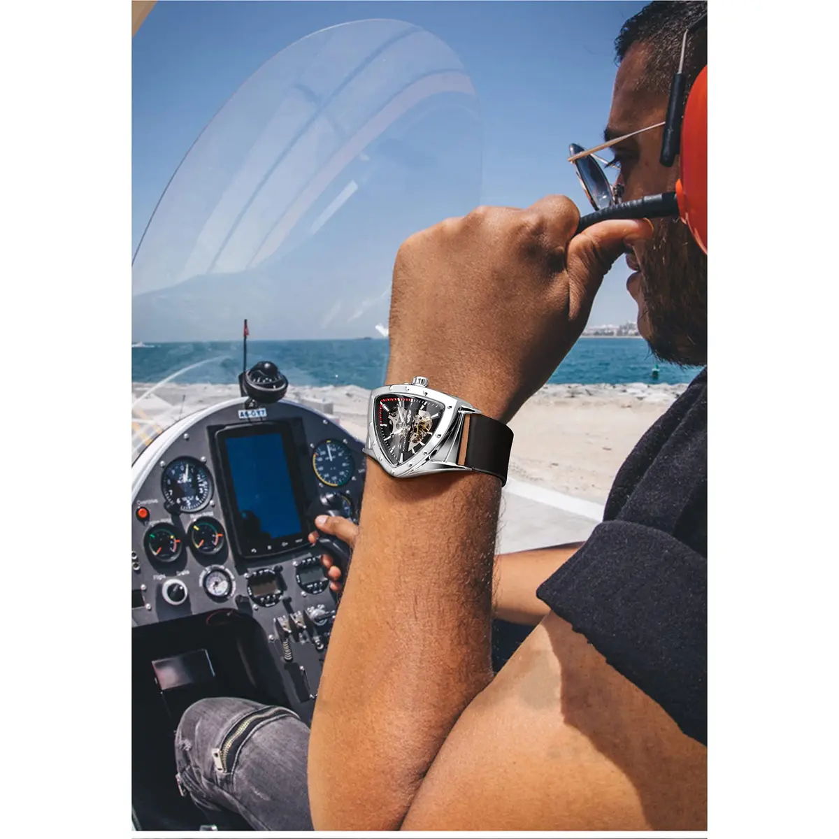 FORSINING Skeleton Watch for Men, Automatic Mechanical, Triangle Dial, 43mm Diameter, 20mm Wide Silicone Strap - view 4