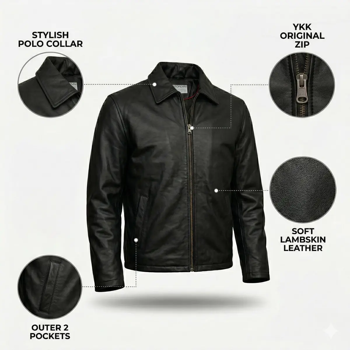 Storemm Men's Genuine Lambskin Leather Jacket | Classic Biker Style, Size L - view 5