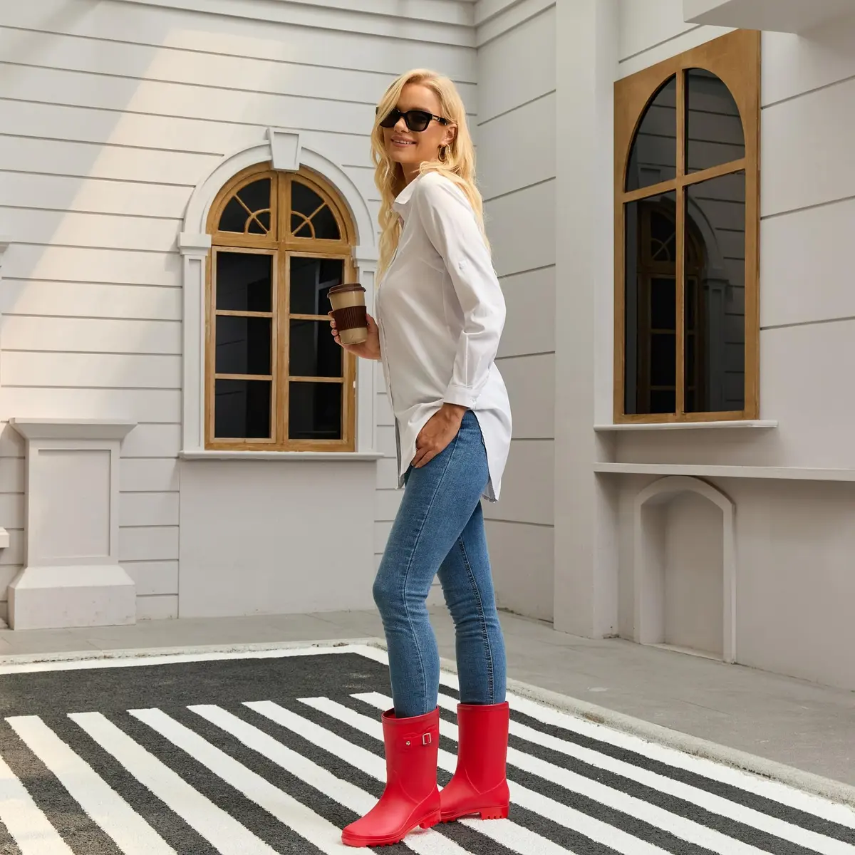 Fubotao Women's Mid Calf Rain Boots Red | Waterproof Fashion Garden Shoes with Buckle & Comfortable Insole - view 2