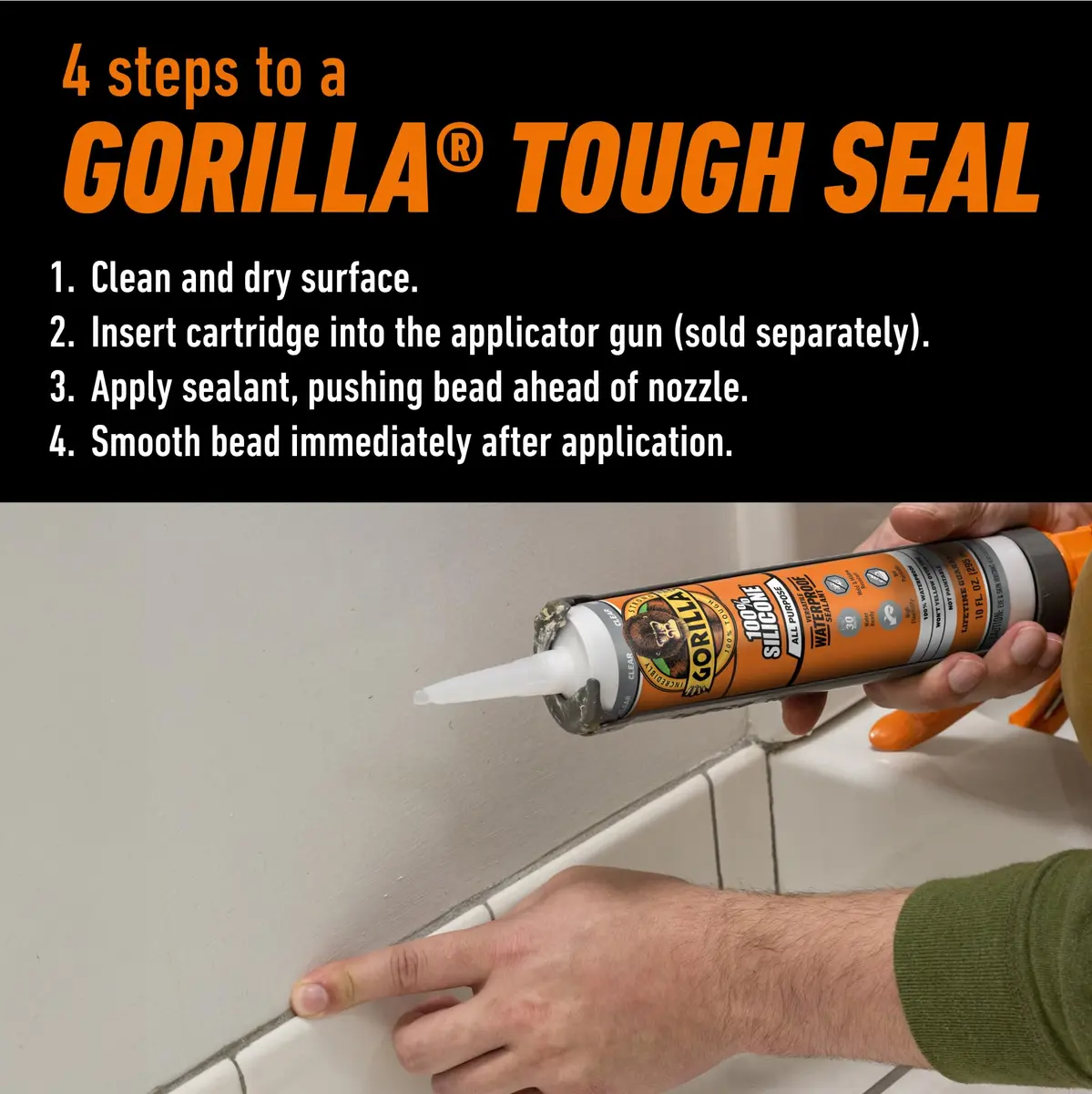 Gorilla 100% Silicone Waterproof Caulk Clear 20 fl oz (591 ml) | Fast Curing Sealant for Showers, Sinks, Windows - view 4