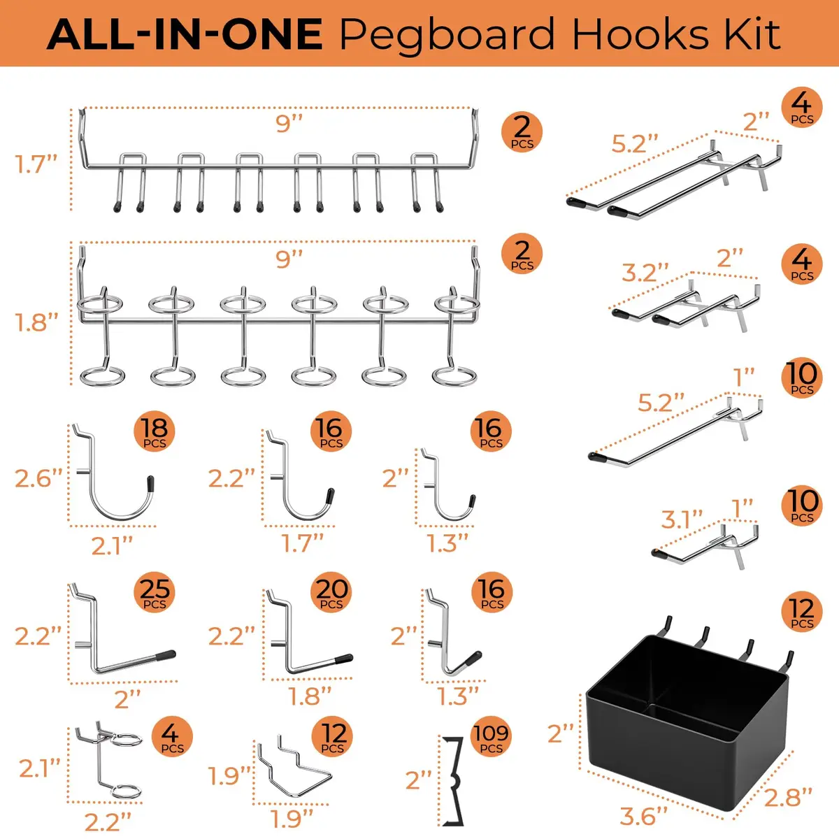 INCLY 278-Piece Pegboard Accessories Organizer Kit with Bins and Hooks | 10.7" L x 9" W x 4.3" H - view 4