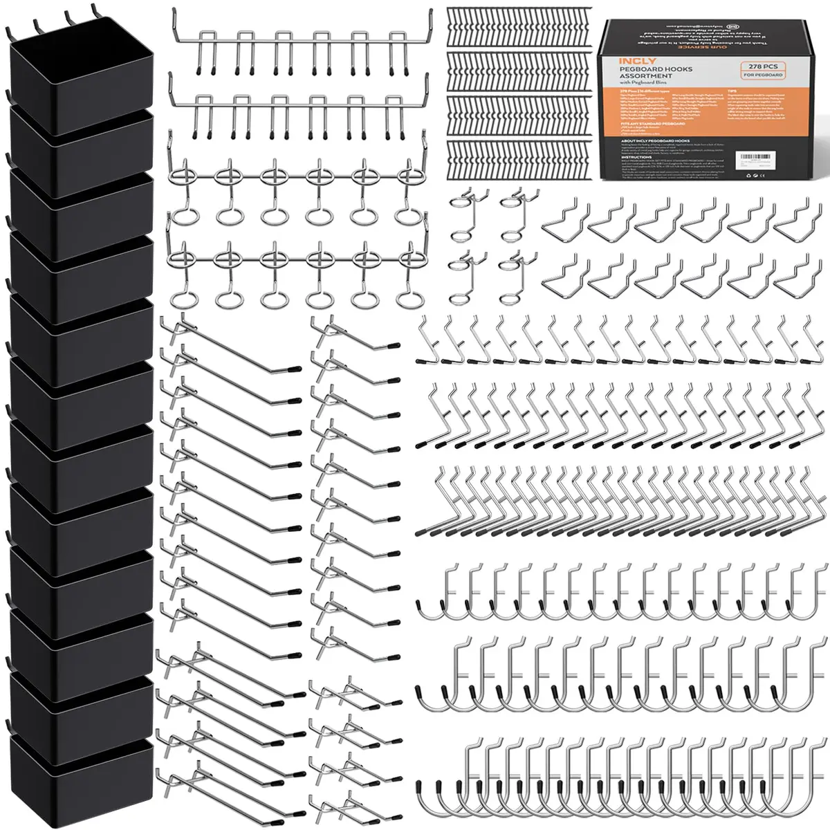 INCLY 278-Piece Pegboard Accessories Organizer Kit with Bins and Hooks | 10.7" L x 9" W x 4.3" H - main product image