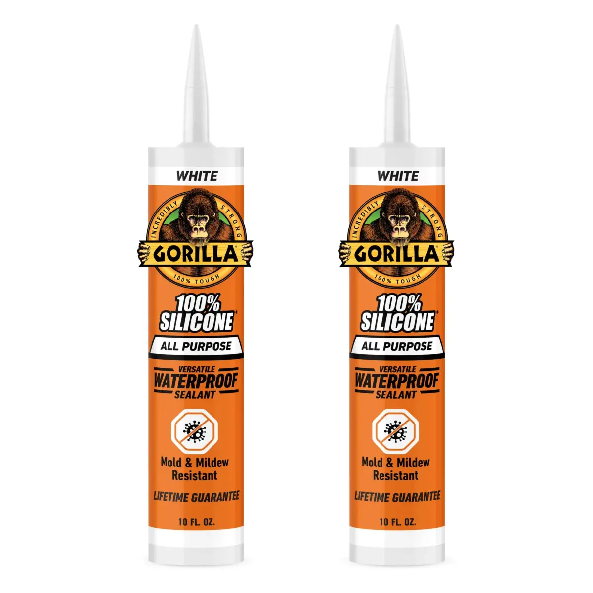 Gorilla 100% Silicone Sealant Caulk White 10 oz (296 ml) Cartridge, 2-Pack | Waterproof, Mold & Mildew Resistant Seal - main product image
