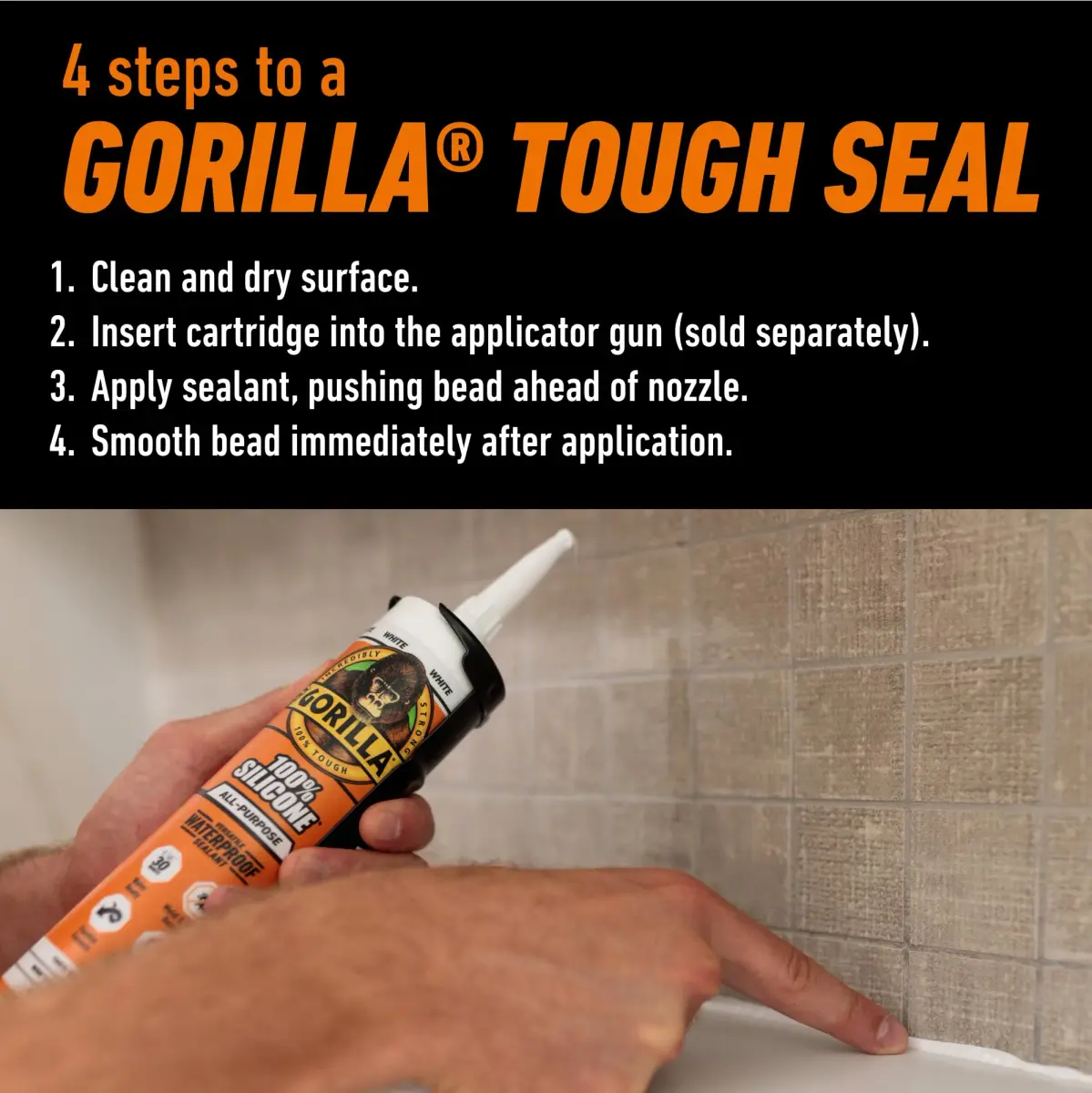 Gorilla 100% Silicone Sealant Caulk White 10 oz (296 ml) Cartridge, 2-Pack | Waterproof, Mold & Mildew Resistant Seal - view 4