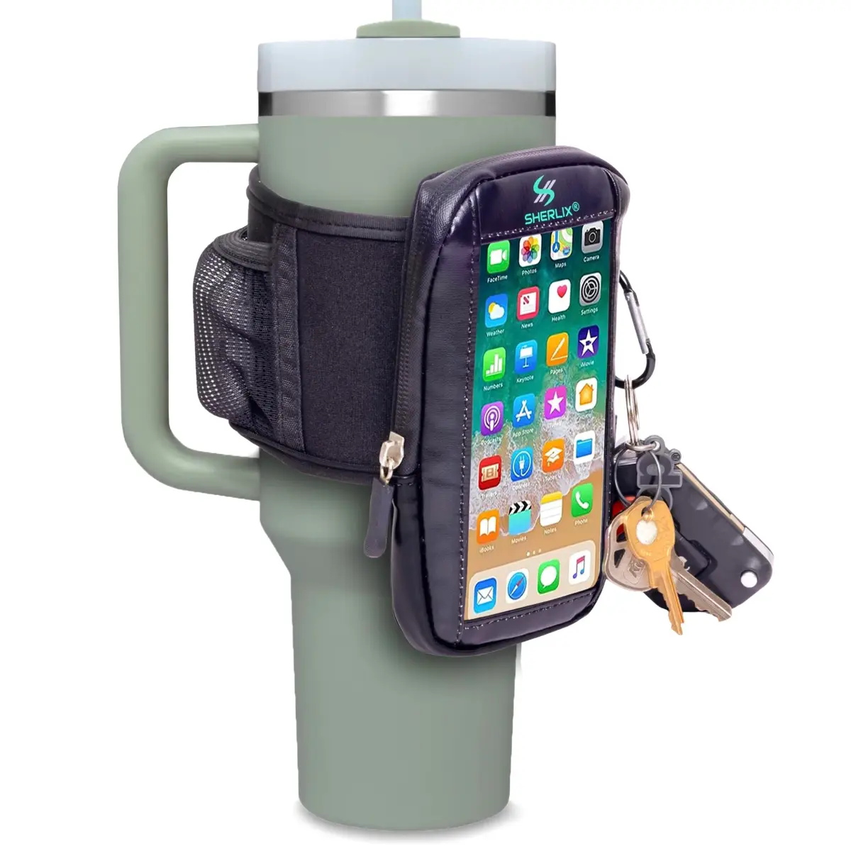 SHERLIX Water Bottle Pouch with Touchscreen Pocket & Carabiner - Black, 18-40 oz | Patented Design for Gym & Travel - main product image