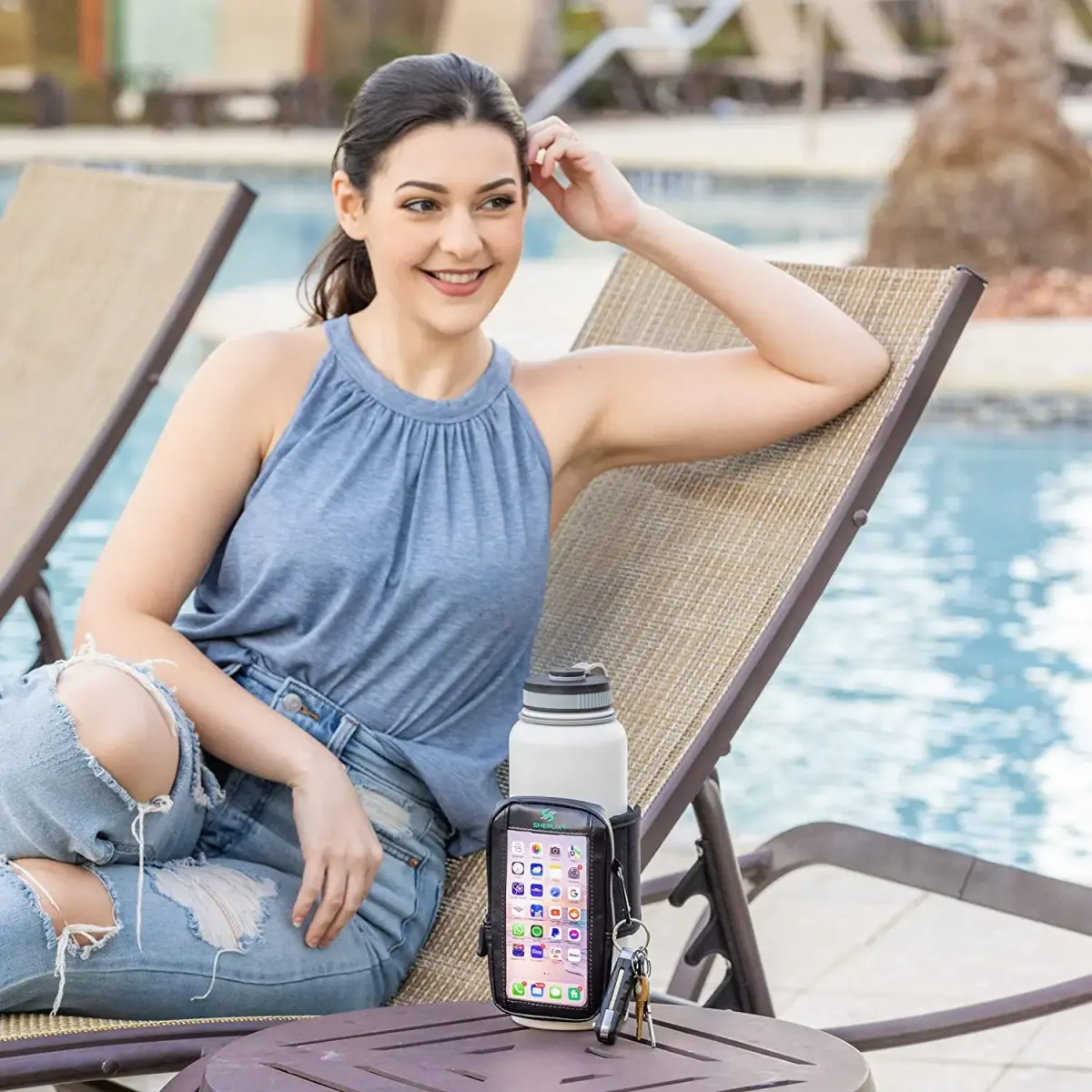 SHERLIX Water Bottle Pouch with Touchscreen Pocket & Carabiner - Black, 18-40 oz | Patented Design for Gym & Travel - view 5