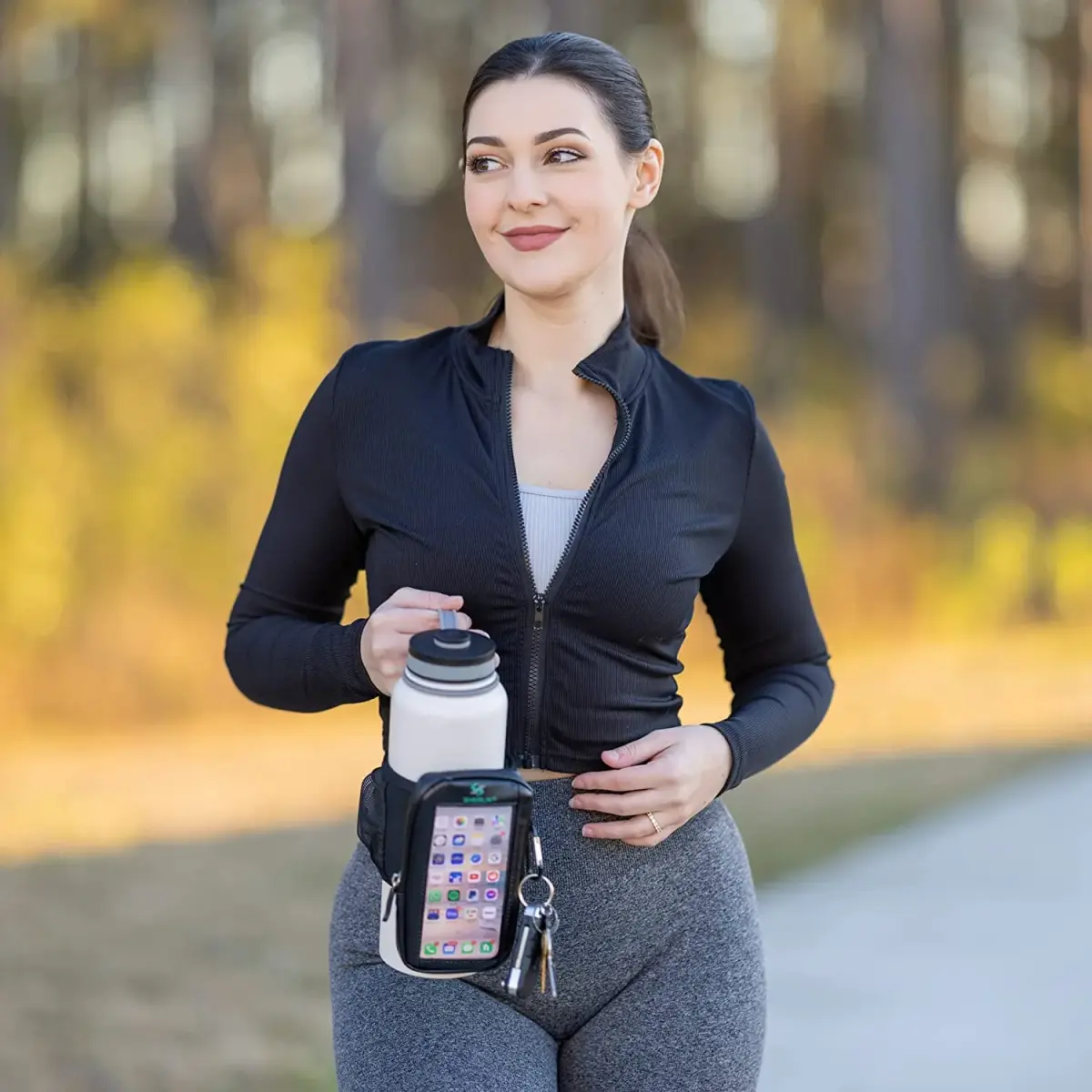 SHERLIX Water Bottle Pouch with Touchscreen Pocket & Carabiner - Black, 18-40 oz | Patented Design for Gym & Travel - view 6