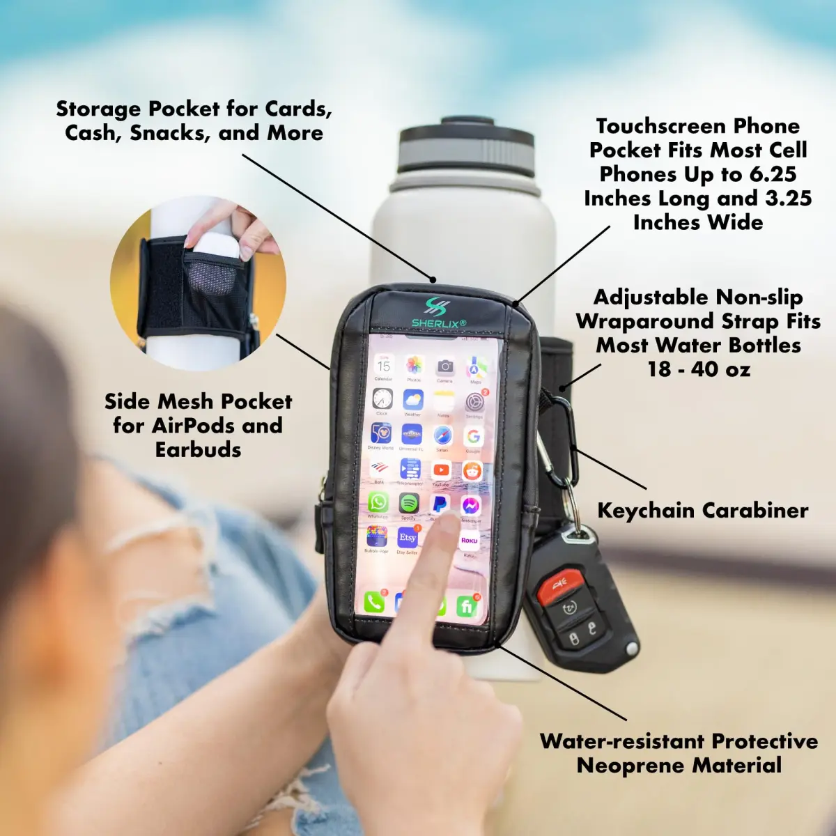 SHERLIX Water Bottle Pouch with Touchscreen Pocket & Carabiner - Black, 18-40 oz | Patented Design for Gym & Travel - view 2