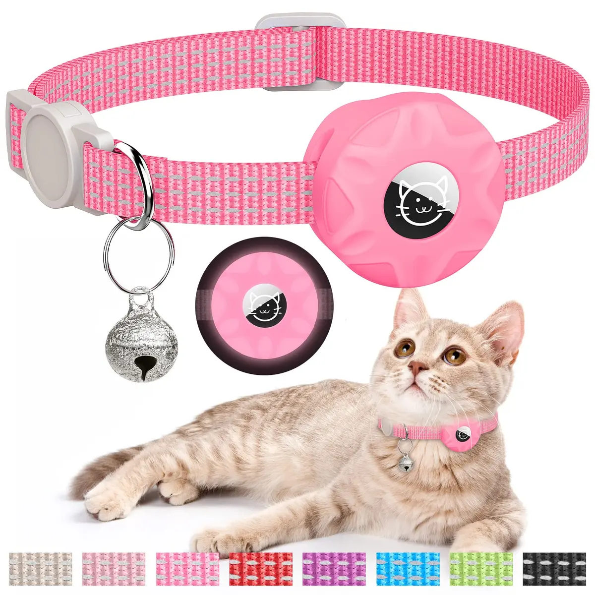 Hoeraonr AirTag Cat Collar with Reflective Strips & Breakaway Safety Buckle, Adjustable Nylon, Pink | Night Visibility & Sound Bell - main product image