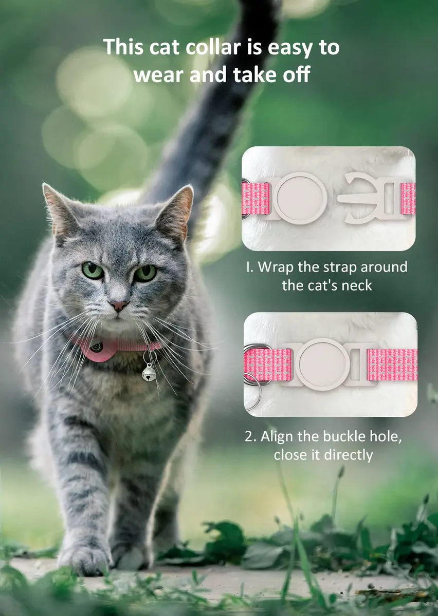 Hoeraonr AirTag Cat Collar with Reflective Strips & Breakaway Safety Buckle, Adjustable Nylon, Pink | Night Visibility & Sound Bell - view 6
