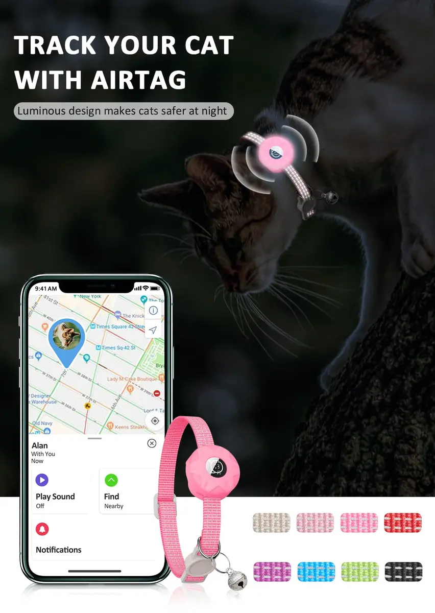 Hoeraonr AirTag Cat Collar with Reflective Strips & Breakaway Safety Buckle, Adjustable Nylon, Pink | Night Visibility & Sound Bell - view 7