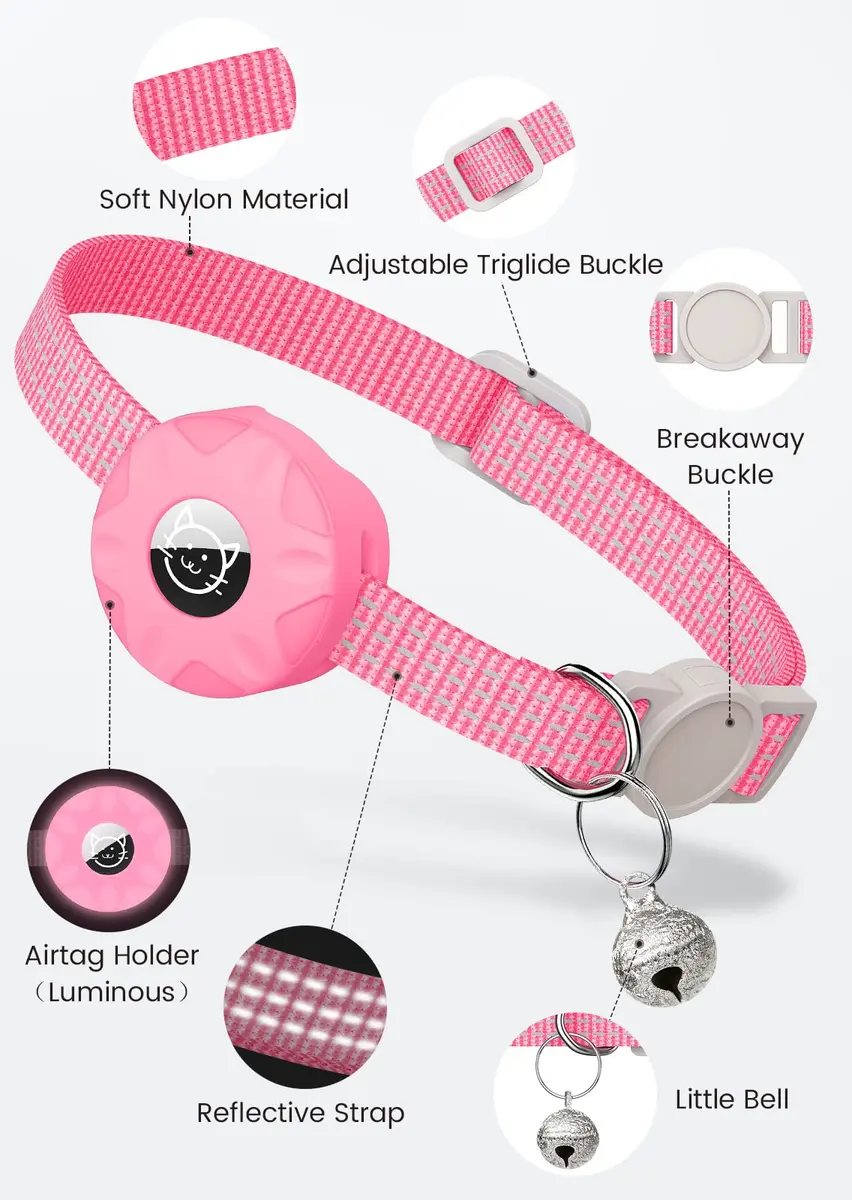 Hoeraonr AirTag Cat Collar with Reflective Strips & Breakaway Safety Buckle, Adjustable Nylon, Pink | Night Visibility & Sound Bell - view 3