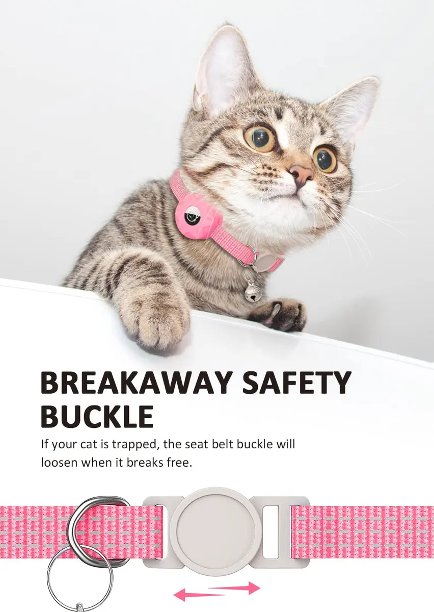 Hoeraonr AirTag Cat Collar with Reflective Strips & Breakaway Safety Buckle, Adjustable Nylon, Pink | Night Visibility & Sound Bell - view 4