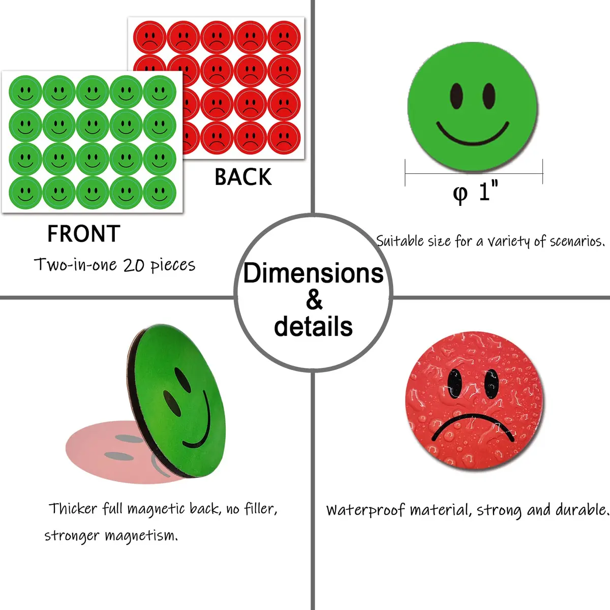 OLIKIUS Double Sided Smiley Face Magnets for Whiteboard, 20 Pieces (2.54 cm) | Versatile Status Visualization - view 3