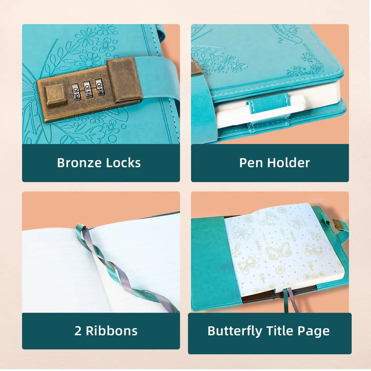 Billtigif Diary with Lock, Leather Locking Journal for Women, Butterfly, A5 | Vintage Personal Organizer with Secret Password Lock - view 5