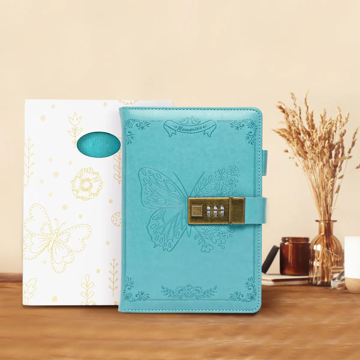 Billtigif Diary with Lock, Leather Locking Journal for Women, Butterfly, A5 | Vintage Personal Organizer with Secret Password Lock - view 6
