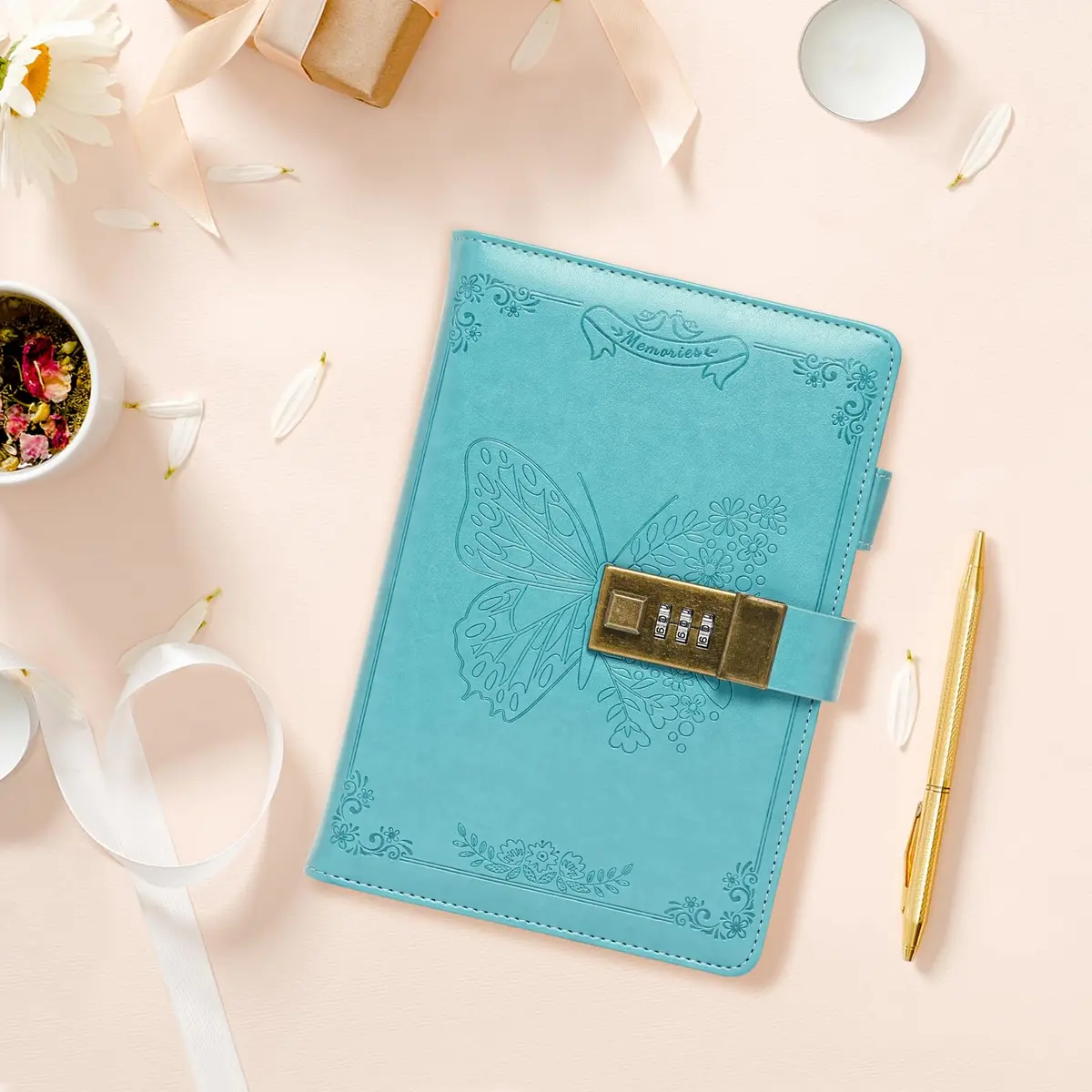 Billtigif Diary with Lock, Leather Locking Journal for Women, Butterfly, A5 | Vintage Personal Organizer with Secret Password Lock - view 3