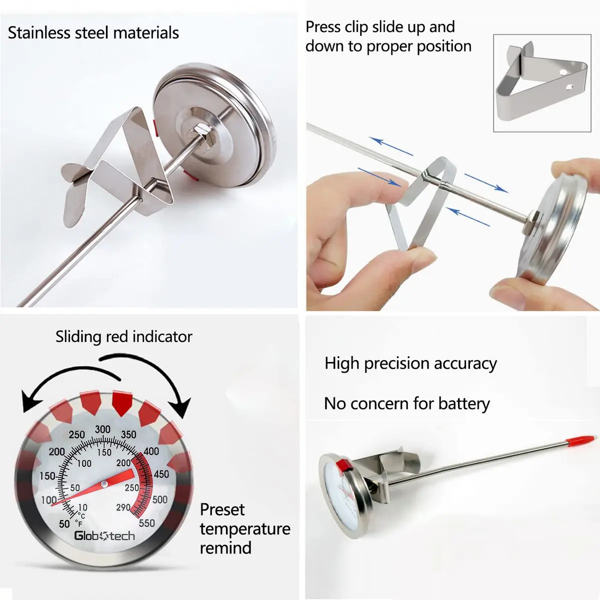 GLOBOTECH 2" Dial Deep Fry Thermometer 550°F (290°C) | 12" Long Stem Stainless Steel Cooking Thermometer - view 5
