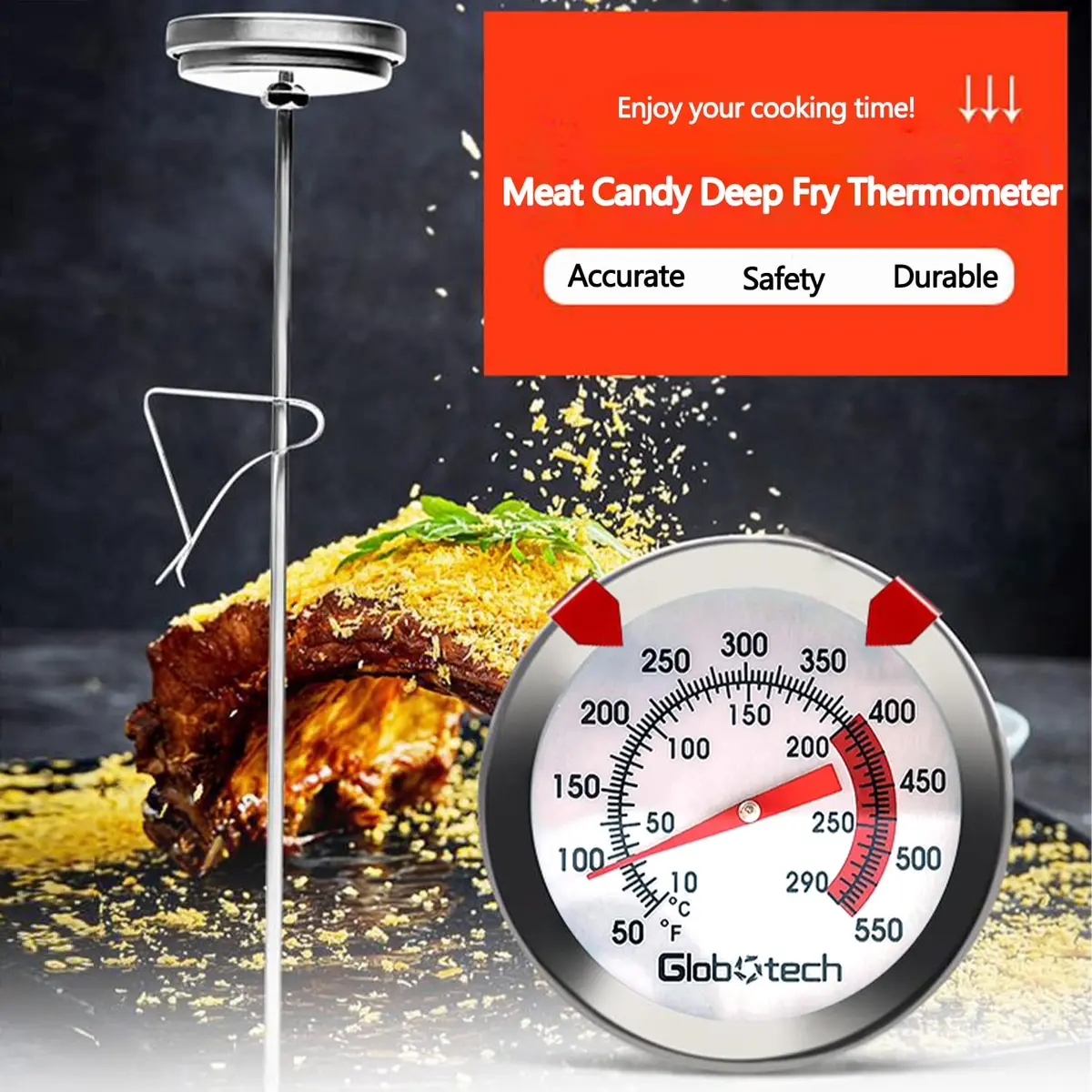GLOBOTECH 2" Dial Deep Fry Thermometer 550°F (290°C) | 12" Long Stem Stainless Steel Cooking Thermometer - view 6