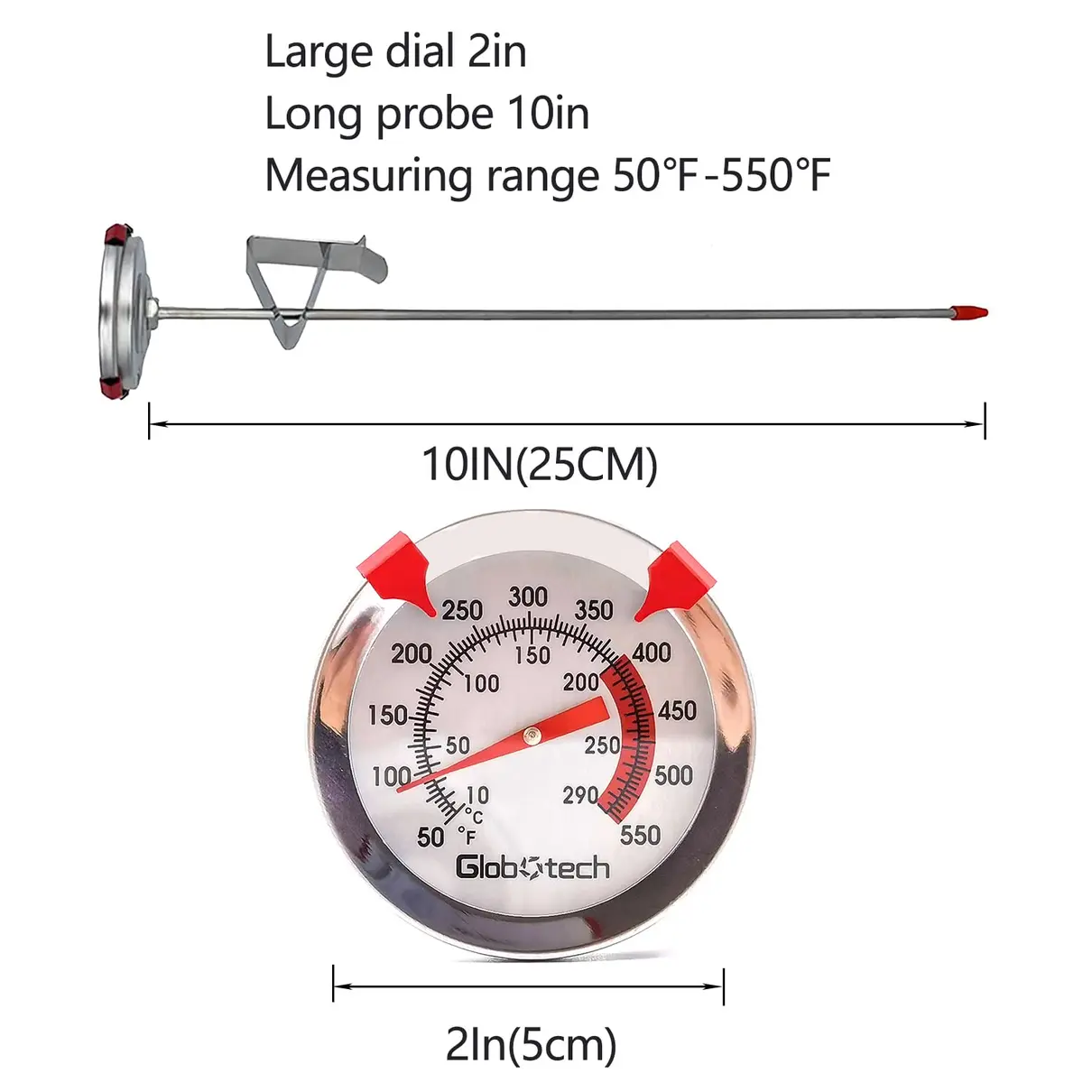 GLOBOTECH 2" Dial Deep Fry Thermometer 550°F (290°C) | 12" Long Stem Stainless Steel Cooking Thermometer - view 2