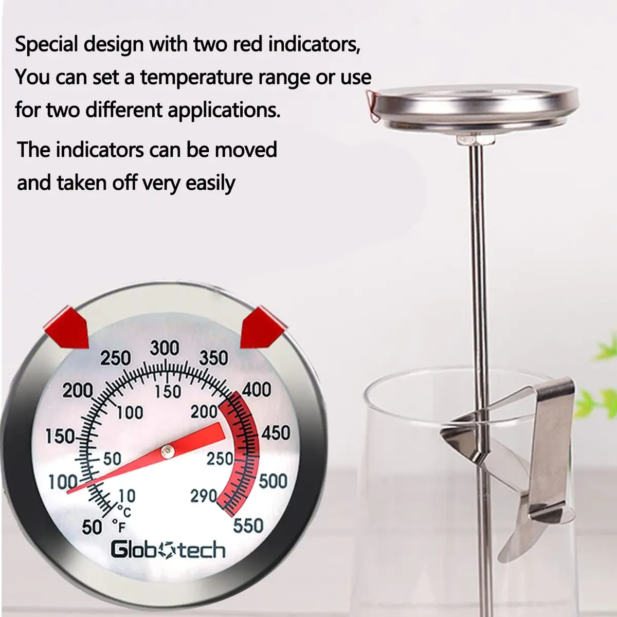 GLOBOTECH 2" Dial Deep Fry Thermometer 550°F (290°C) | 12" Long Stem Stainless Steel Cooking Thermometer - view 4