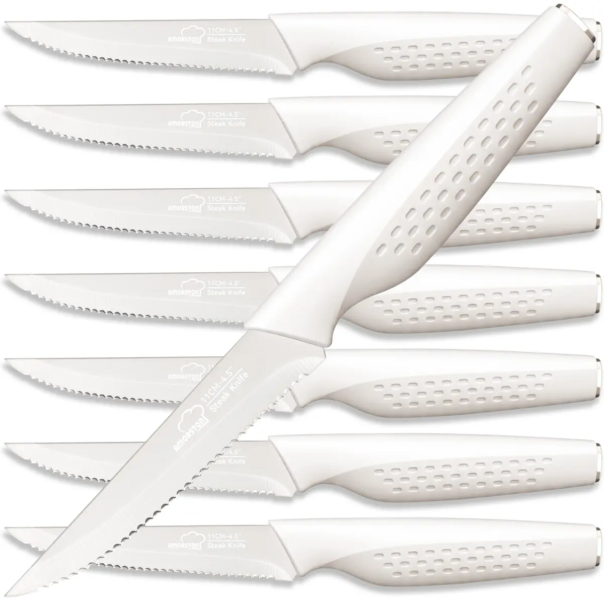 Amorston Steak Knives Set of 8 Stainless Steel Serrated Knives Cream White | Dishwasher Safe & Rust-Resistant - main product image