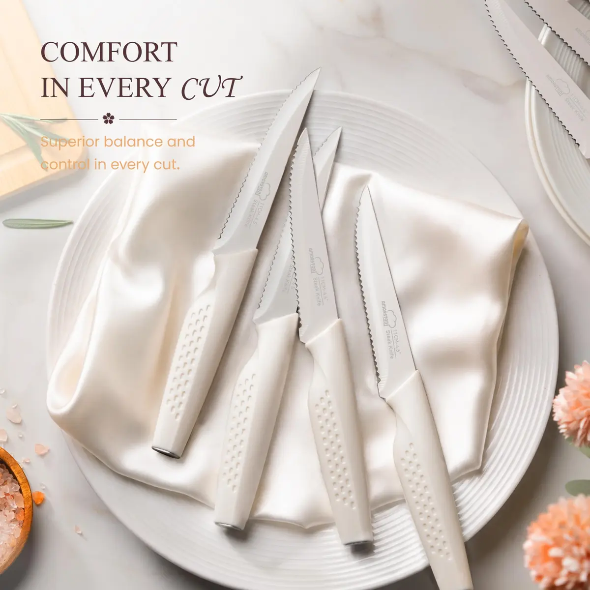Amorston Steak Knives Set of 8 Stainless Steel Serrated Knives Cream White | Dishwasher Safe & Rust-Resistant - view 6