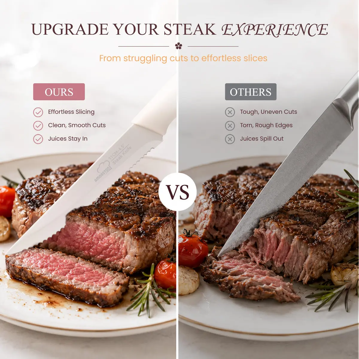 Amorston Steak Knives Set of 8 Stainless Steel Serrated Knives Cream White | Dishwasher Safe & Rust-Resistant - view 7