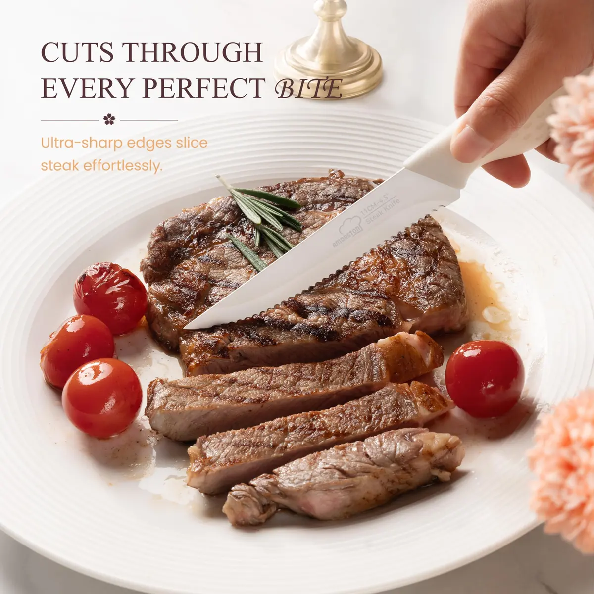 Amorston Steak Knives Set of 8 Stainless Steel Serrated Knives Cream White | Dishwasher Safe & Rust-Resistant - view 2
