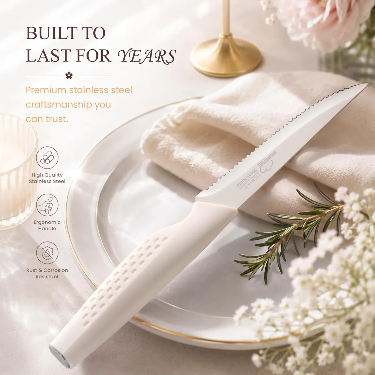 Amorston Steak Knives Set of 8 Stainless Steel Serrated Knives Cream White | Dishwasher Safe & Rust-Resistant - view 4