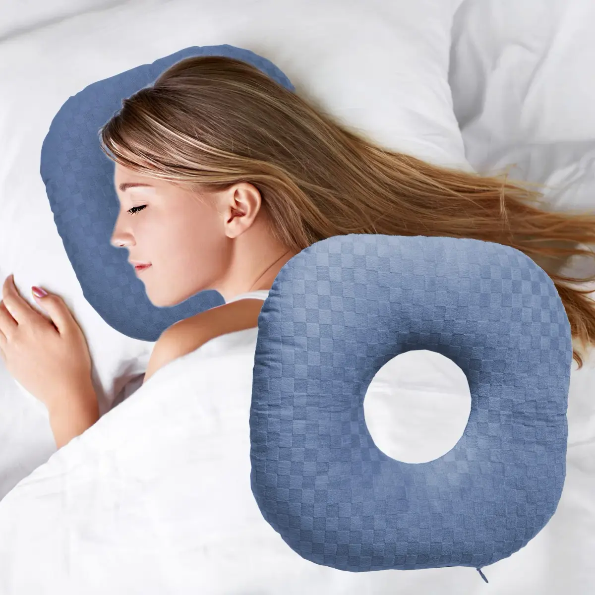 Wuronsa Ear Piercing Pillow with Hole | 23 cm (9") Blue Solid - main product image