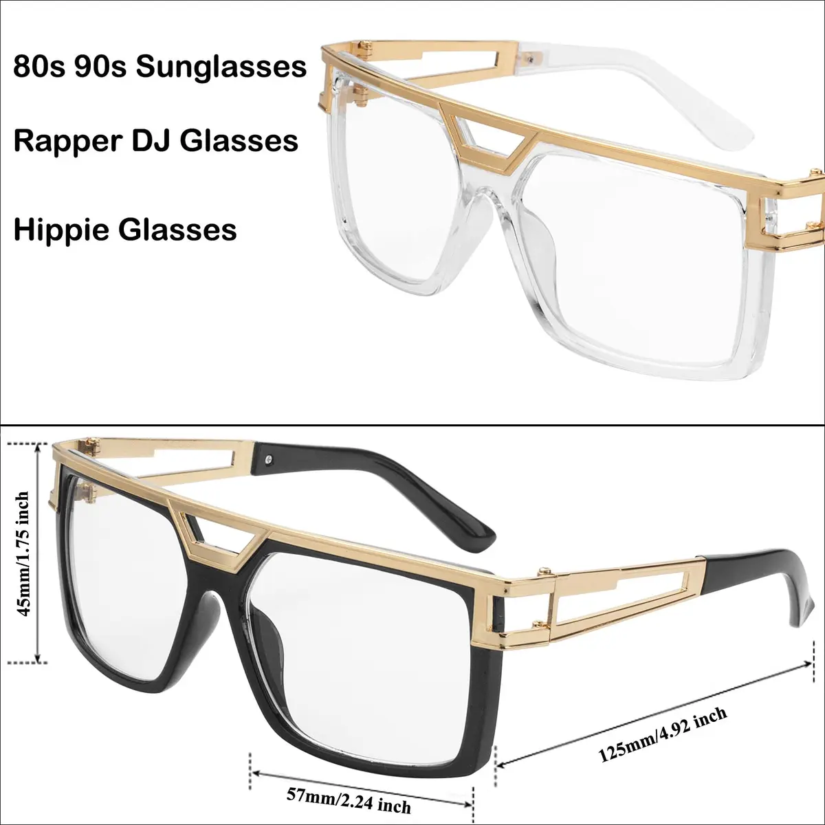 FACATH Women Hip Hop Sunglasses 80s 90s Oversized Square Gold Frame | Retro DJ Rapper Style - view 2