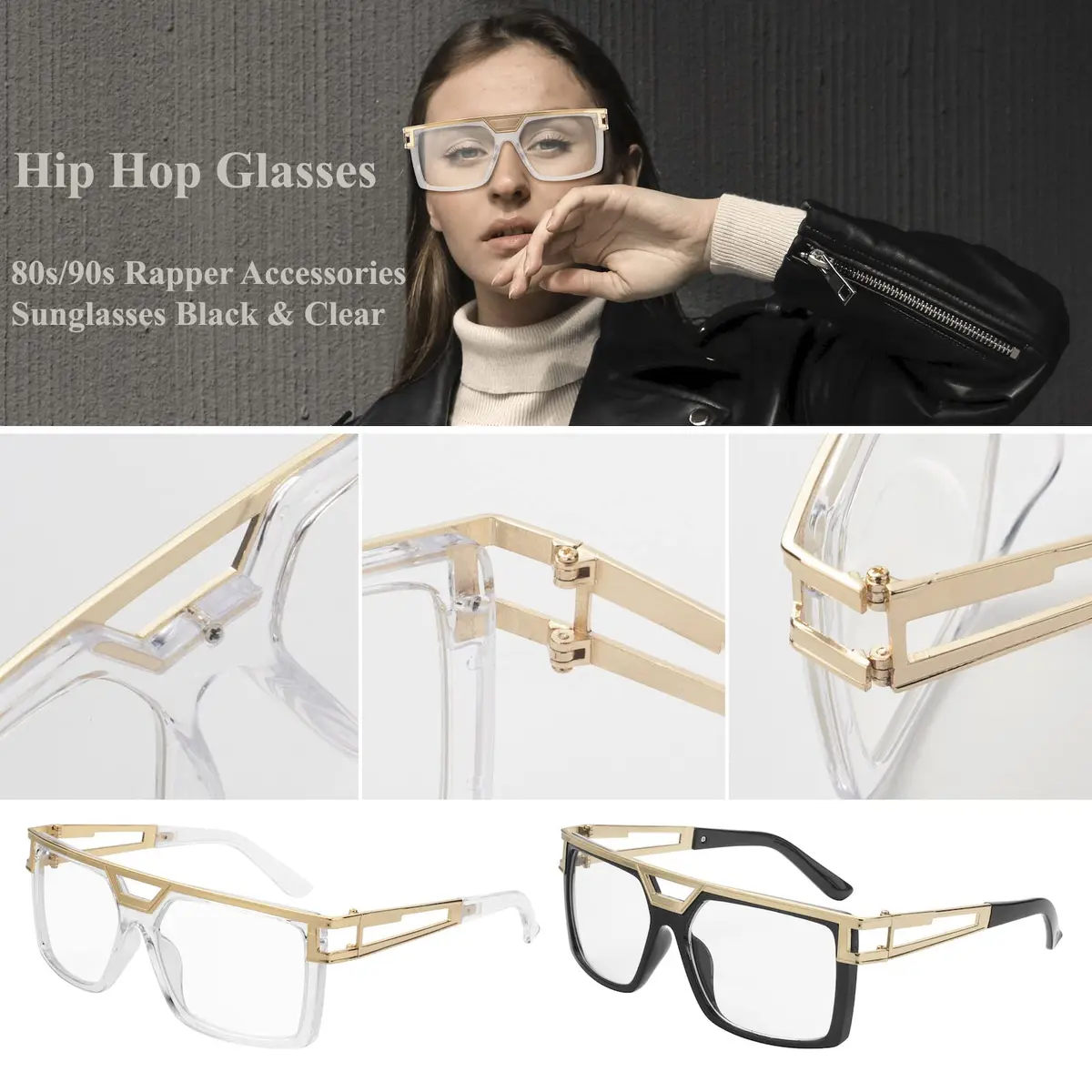 FACATH Women Hip Hop Sunglasses 80s 90s Oversized Square Gold Frame | Retro DJ Rapper Style - view 3