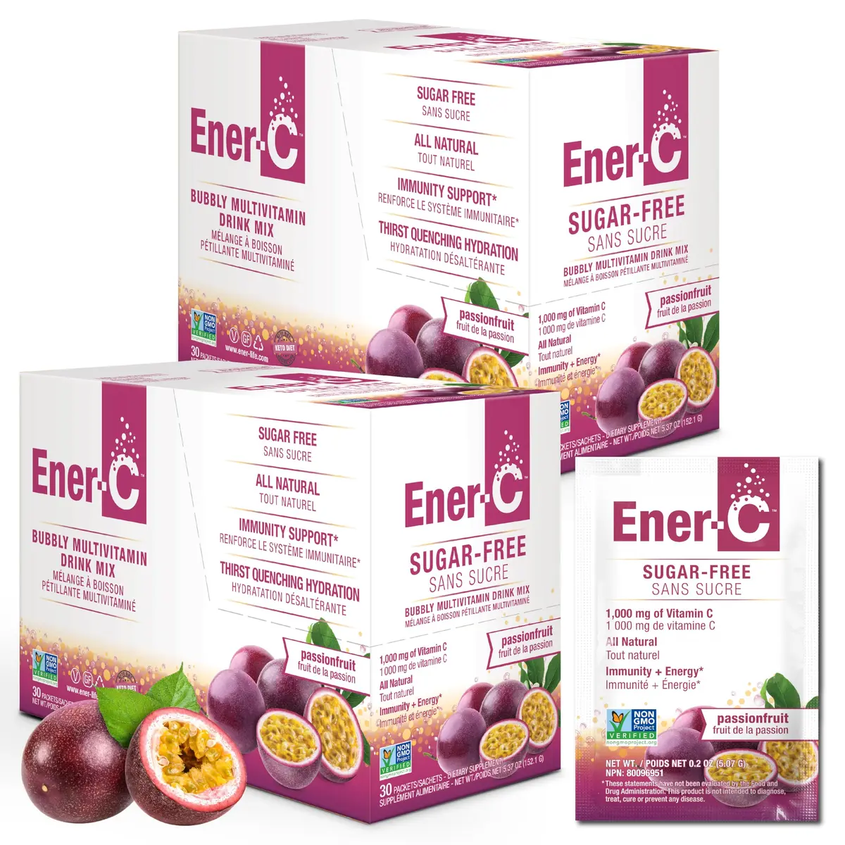 Ener-C Sugar Free Multivitamin Drink Mix - Passionfruit | No Sugar, 60 Count, All-Natural, Vegan, Gluten Free - main product image