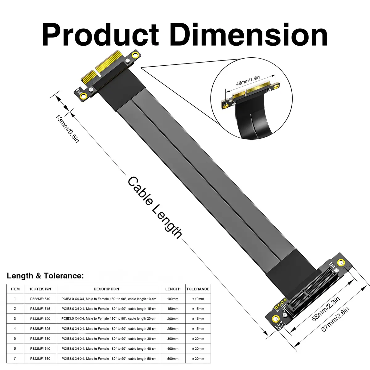 10Gtek PCIe 3.0 x4 Extension Cable, Male Straight to Female 90° Right-Angle, 15cm/0.49ft - view 5