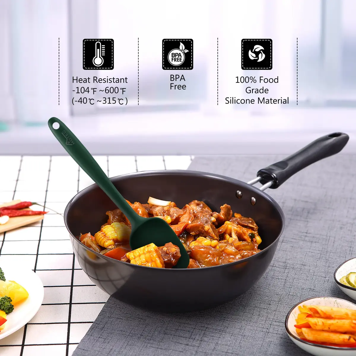 HOTEC BPA-Free Silicone Rubber Spatula Set, Dark Green, Set of 5 | Heat Resistant Up to 600°F, Dishwasher Safe - view 5
