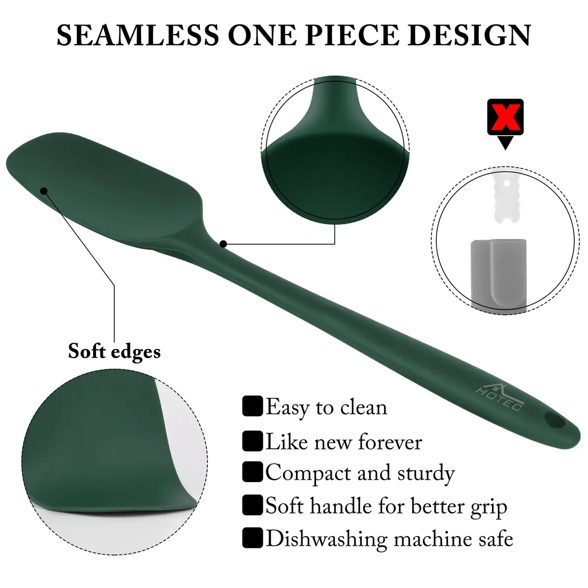 HOTEC BPA-Free Silicone Rubber Spatula Set, Dark Green, Set of 5 | Heat Resistant Up to 600°F, Dishwasher Safe - view 6