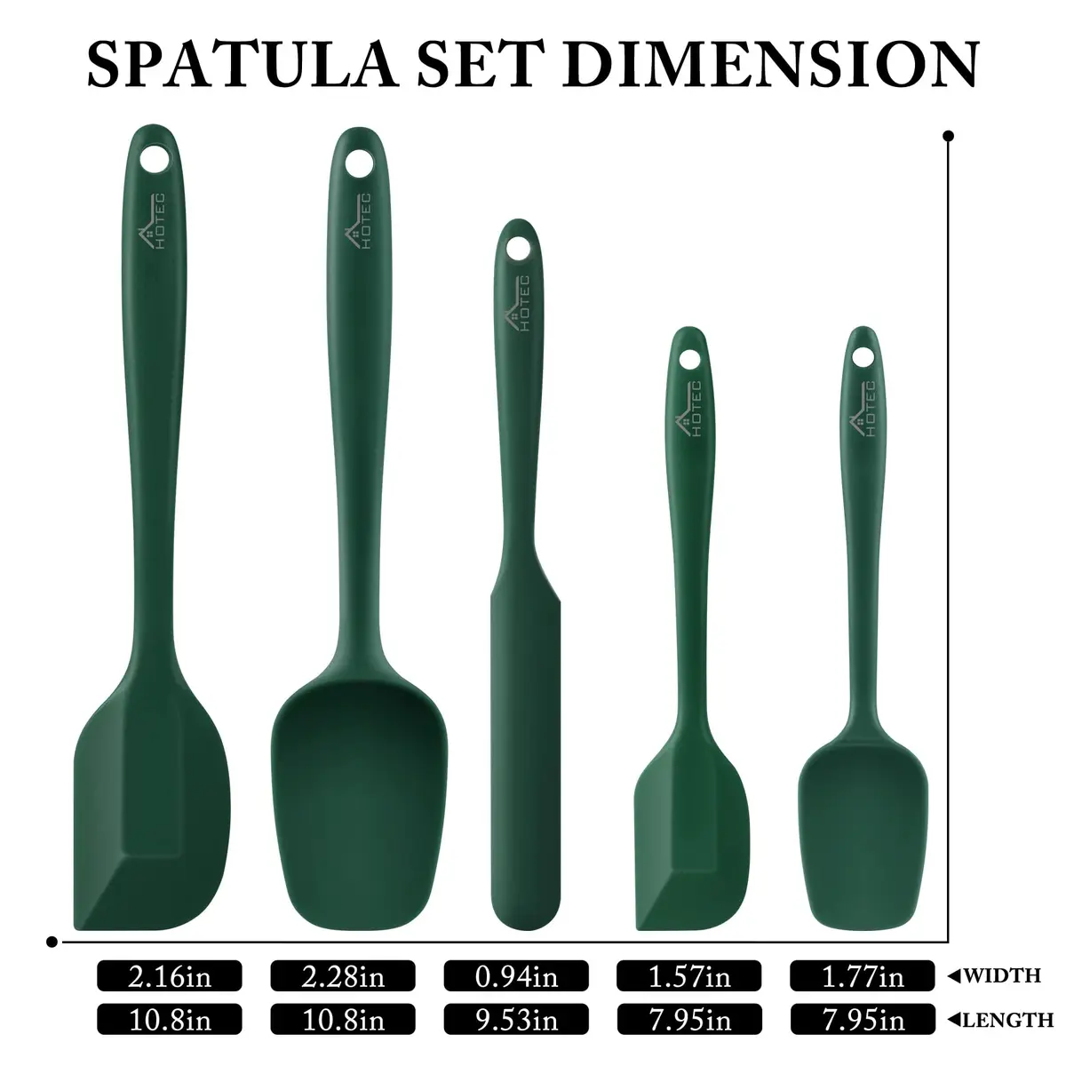 HOTEC BPA-Free Silicone Rubber Spatula Set, Dark Green, Set of 5 | Heat Resistant Up to 600°F, Dishwasher Safe - view 2