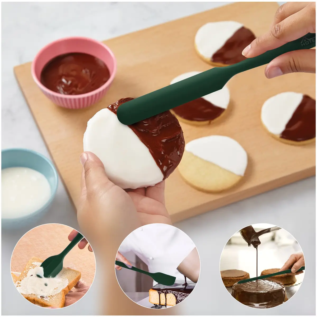 HOTEC BPA-Free Silicone Rubber Spatula Set, Dark Green, Set of 5 | Heat Resistant Up to 600°F, Dishwasher Safe - view 3