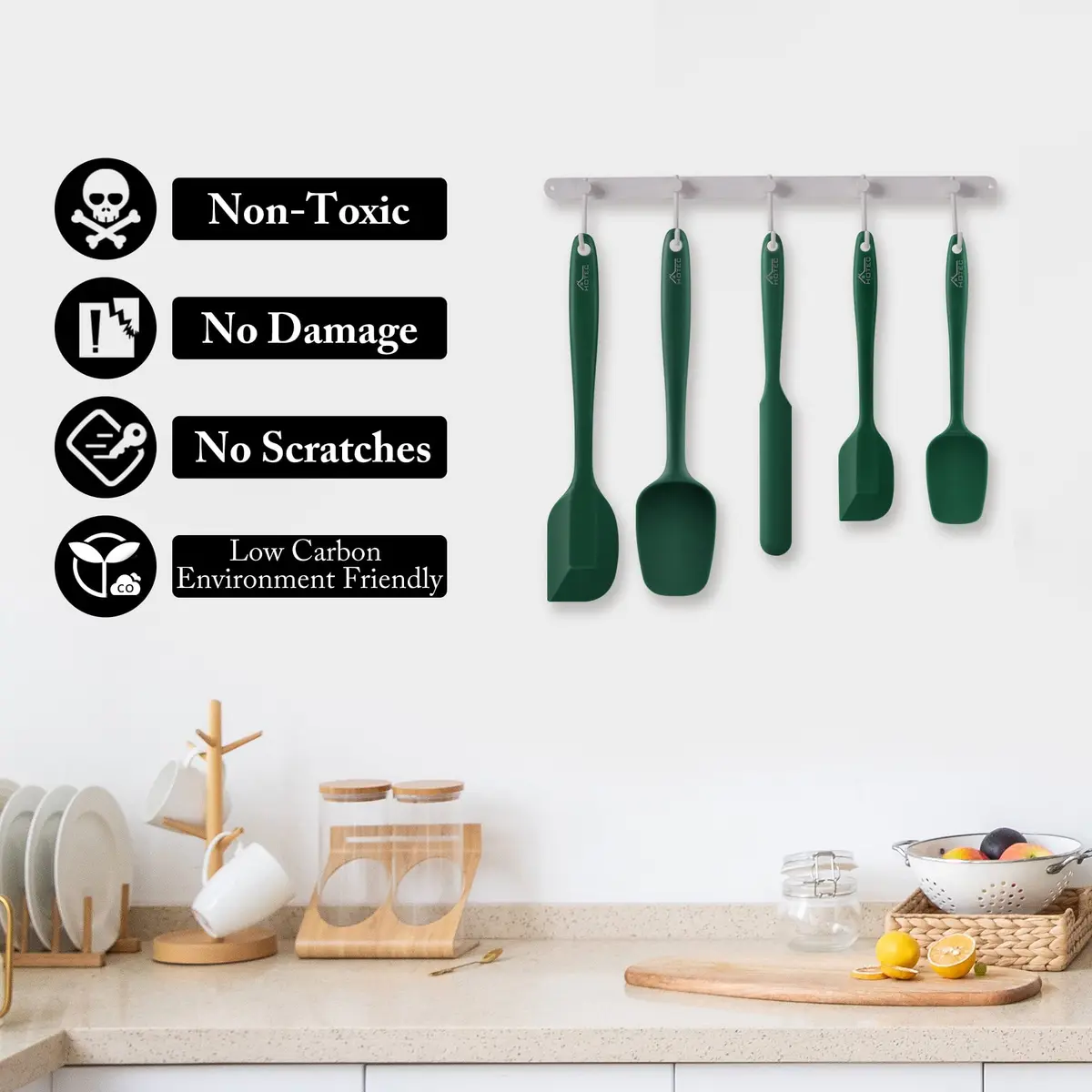 HOTEC BPA-Free Silicone Rubber Spatula Set, Dark Green, Set of 5 | Heat Resistant Up to 600°F, Dishwasher Safe - view 4