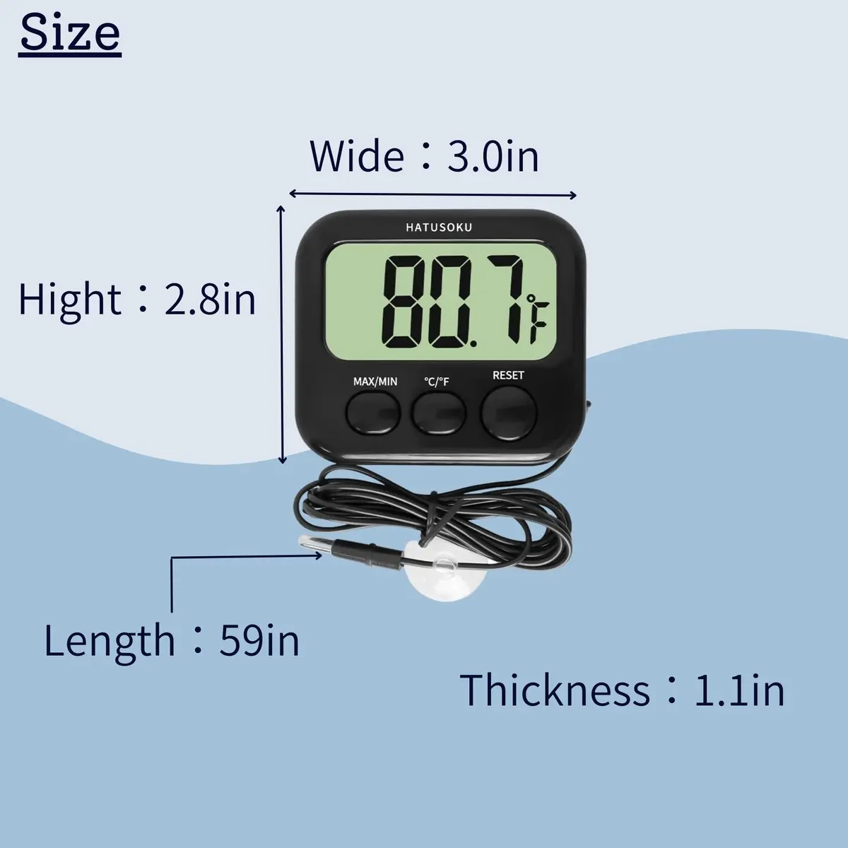 HATUSOKU Digital Thermometer with External Sensor, Magnet, Suction Cup, Water, Refrigerator & Aquarium Use (Black) | Large LCD Display - view 4