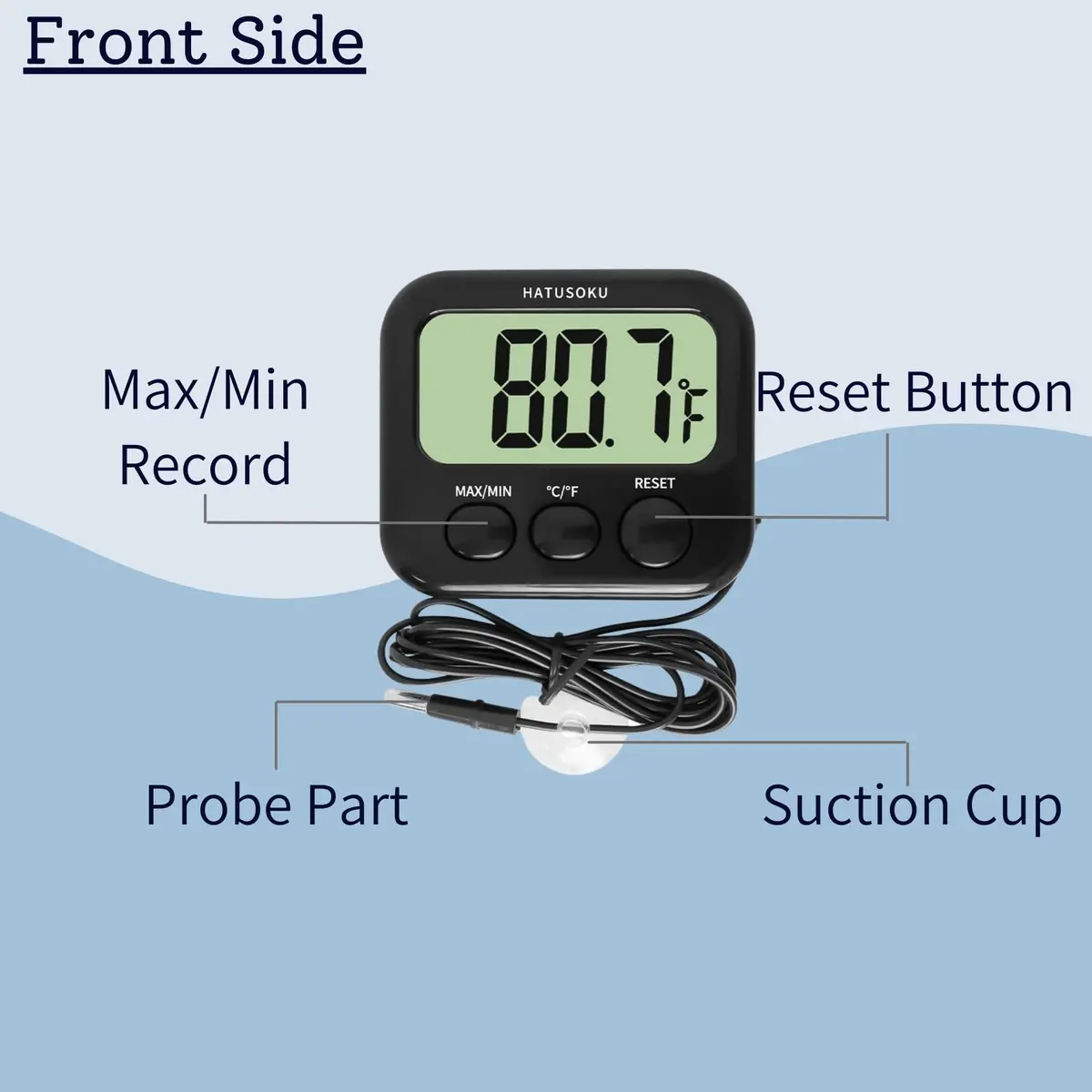 HATUSOKU Digital Thermometer with External Sensor, Magnet, Suction Cup, Water, Refrigerator & Aquarium Use (Black) | Large LCD Display - view 5