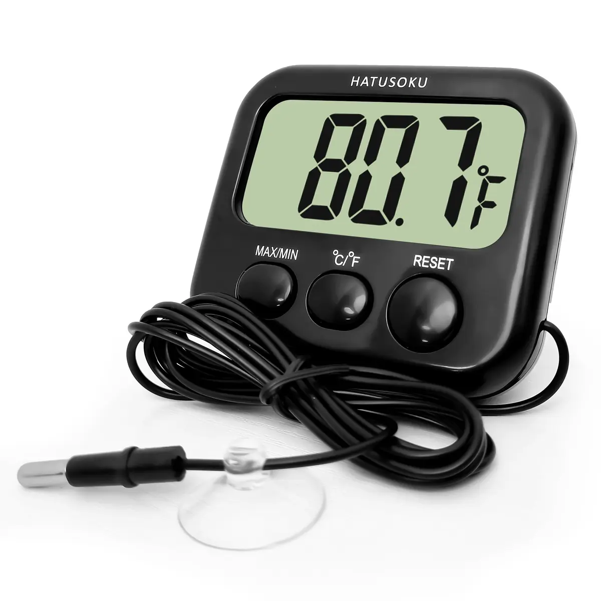 HATUSOKU Digital Thermometer with External Sensor, Magnet, Suction Cup, Water, Refrigerator & Aquarium Use (Black) | Large LCD Display - main product image