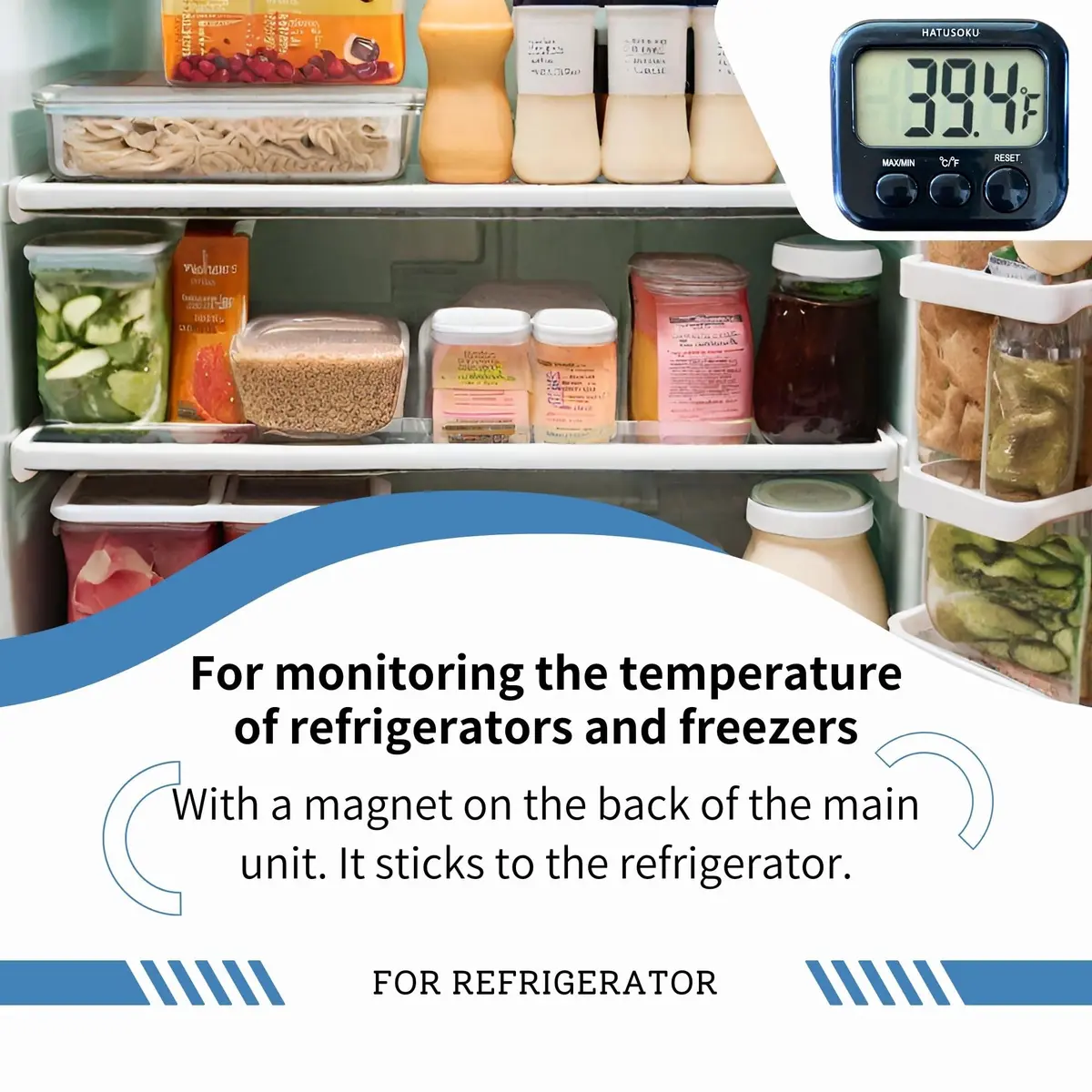 HATUSOKU Digital Thermometer with External Sensor, Magnet, Suction Cup, Water, Refrigerator & Aquarium Use (Black) | Large LCD Display - view 3