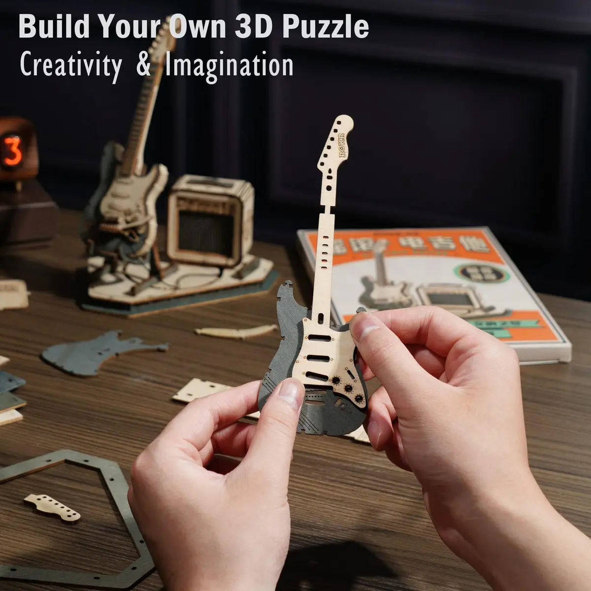 ROKR 3D Puzzles for Adults Wooden Craft Kits Musical Instrument Model Kit Collectibles Home Desk Room Decor (Electric Guitar) | 140 pcs, 6.6x4x8.6 inch - view 5