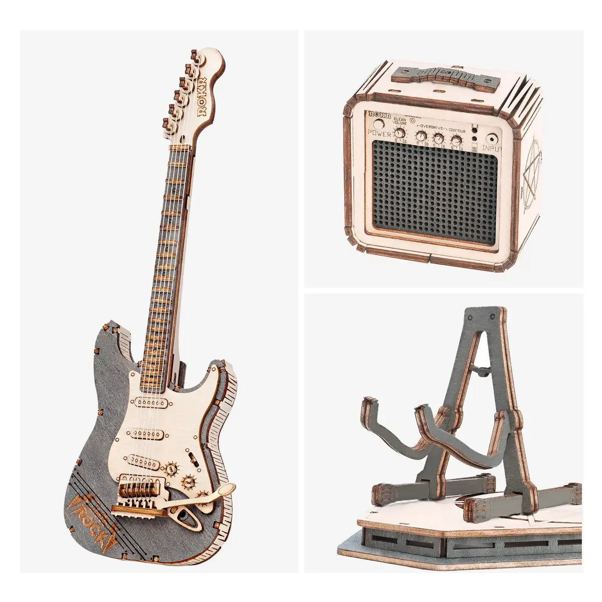 ROKR 3D Puzzles for Adults Wooden Craft Kits Musical Instrument Model Kit Collectibles Home Desk Room Decor (Electric Guitar) | 140 pcs, 6.6x4x8.6 inch - view 3