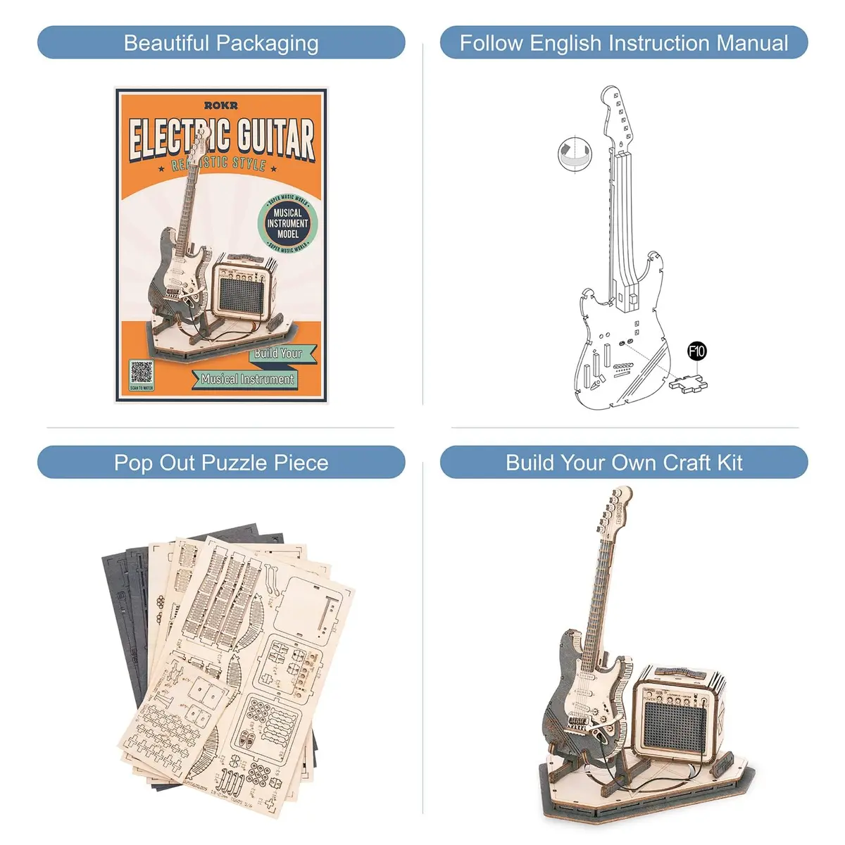 ROKR 3D Puzzles for Adults Wooden Craft Kits Musical Instrument Model Kit Collectibles Home Desk Room Decor (Electric Guitar) | 140 pcs, 6.6x4x8.6 inch - view 4