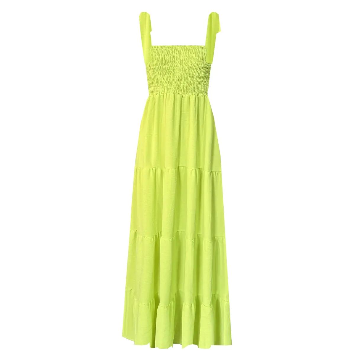kinstell Women's Summer Boho Square Neck Ruffle Maxi Dress | Flowy, Casual, Fluorescent Green - main product image