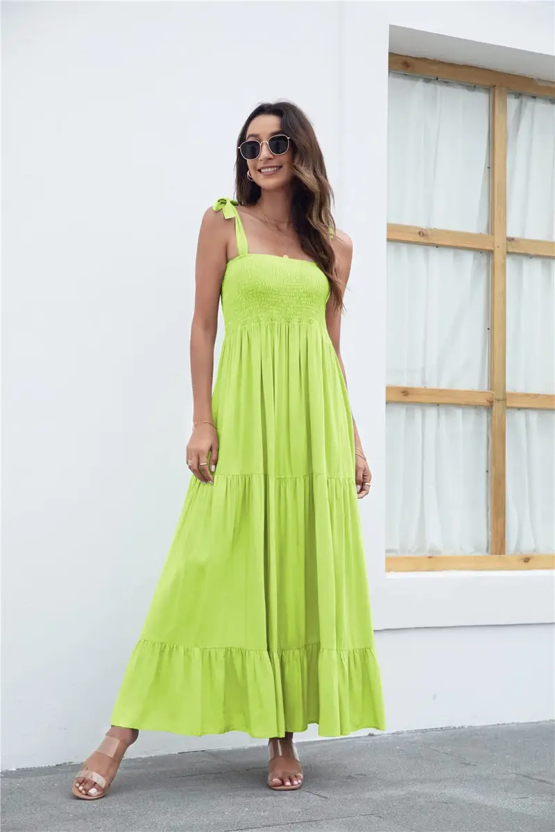 kinstell Women's Summer Boho Square Neck Ruffle Maxi Dress | Flowy, Casual, Fluorescent Green - view 5
